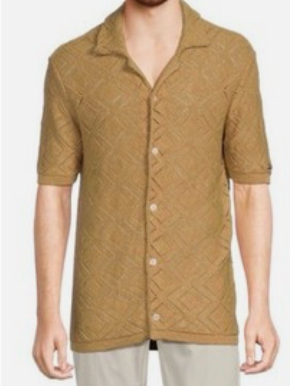 Karl Lagerfeld Openwork Diamond Crochet Short-Sleeve Button-Front